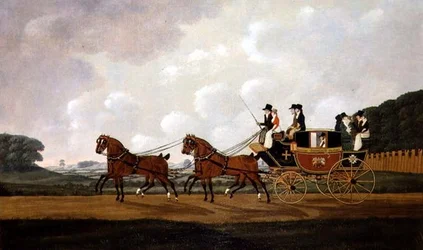 El coche de correo de Ludlow a Worcester de los Sres. Richard Costar y Christopher Ibberson en la carretera
