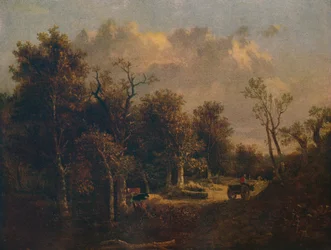 El borde del bosque, con carro de granja y ganado, c1811