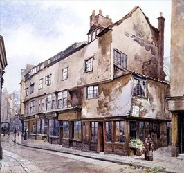 Cloth Fair, Smithfield, con vendedora de flores, febrero 1884