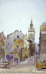 College Hill y la iglesia de St Michael Paternoster Royal, Ciudad de Londres, 1883