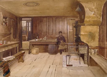 Interior de la sala de grifos en la taberna Sieve, Church Street, Minories, Londres, 1885