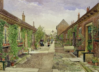 Casas de beneficencia de los curtidores, Mile End Road, Stepney, 1883