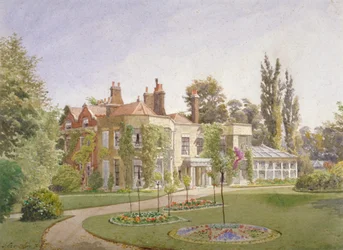 La entrada principal y el jardín en Raleigh House, Brixton Hill, Lambeth, Londres, 1887