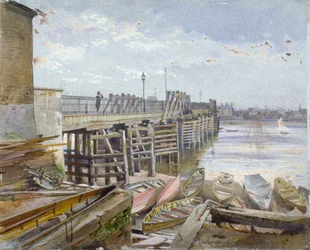 Vista del Puente de Battersea mirando a través del Río Támesis, Londres, 1885