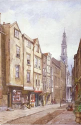 Vista de Drury Court, mirando hacia St Mary le Strand, Westminster, Londres