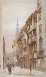 Vista de Wych Street, Westminster, mirando al este desde la puerta de New Inn, Londres