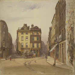 Vista de Wych Street y Holywell Street, Westminster mostrando la Taberna Rising Sun