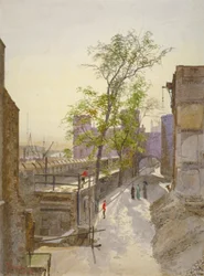 Vista de los almacenes mirando al oeste desde Cradle Tower, Torre de Londres, Stepney, Londres, 1883