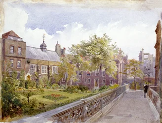 Vista del Staple Inn y jardín, Londres, 1882