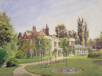 Vista de la entrada principal y el jardín en Raleigh House, Brixton Hill, Lambeth, 1887