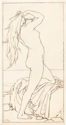 Desnudo de pie atándose el cabello