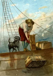 ilustración para La vida y extrañas y sorprendentes aventuras de Robinson Crusoe de Defoe (cromolitografía)