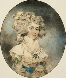 Retrato de la Sra. Fisher, medio cuerpo, con un Vestido Blanco Adornado con Cintas Azules, 1788