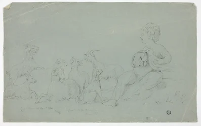 Antiguo Bajo Relieve con Niño Sentado Sosteniendo un Halcón y Acompañado por Perro, Ovejas y Cabras