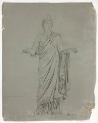 Estatua antigua de diosa de pie con brazos extendidos