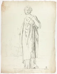Estatua antigua de mujer de pie con túnica