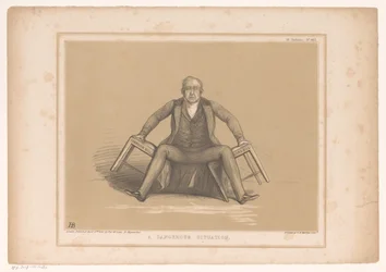 Caricatura con Robert Peel cayendo entre dos sillas Una situación peligrosa (título sobre objeto) Bocetos HB (título de la serie en el objeto)