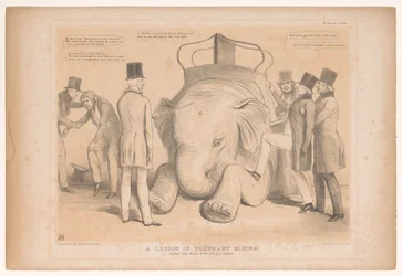 Spotprent over de aanstelling van Henry Hardinge como gobernador de India ¡Una lección de montar en elefante! Estudiado de la Naturaleza en el Jardín Zoológico (título sobre el objeto) Bocetos HB (título de la serie en el objeto)