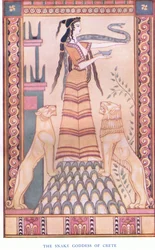 La diosa serpiente de Creta, ilustración de Mitos de Creta y Europa Prehelénica, pub. por The Gresham Publishing Company Limited 1920s