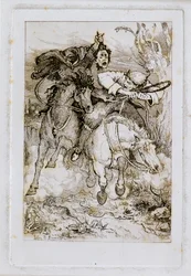 Dos jinetes galopando [uno llevando su propia cabeza]