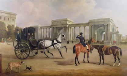 El Sr. Massey Stanley con cabriolé y caballos en Hyde Park Corner, 1833