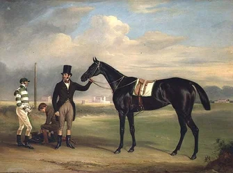 Pussy, un caballo de carreras marrón oscuro con su entrenador, Old John Day, Mr. T. Cosby y W. B. Day en Epsom