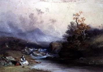 Vista de un torrente de montaña, con dos figuras femeninas, siglo XIX