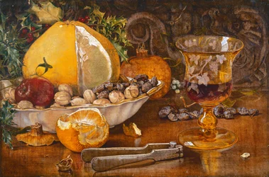 Naturaleza muerta de frutas, nueces y copa de vino, 1864
