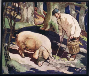 Un cerdo buscando trufas, ilustración de "Helpers Without Hands" de Gladys Davidson, publicada en 1919 (litografía en color)