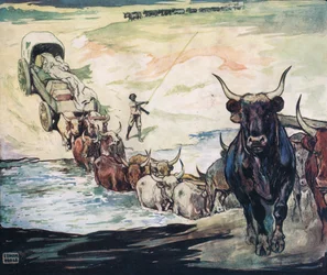 Cruzando el río, ilustración de "Helpers Without Hands" de Gladys Davidson, publicada en 1919 (litografía en color)