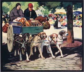 Carro de perros francés, ilustración de "Helpers Without Hands" de Gladys Davidson, publicada en 1919 (litografía en color)