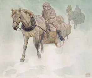 Trineo tirado por caballos, ilustración de "Helpers Without Hands" de Gladys Davidson, publicada en 1919 (litografía en color)
