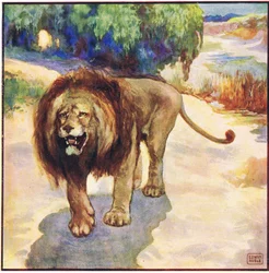 Sólo fui consciente durante un instante de que el león se acercaba (litografía en color)
