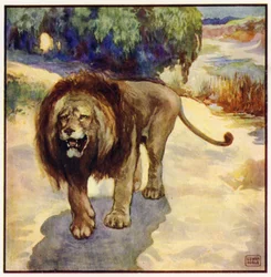Sólo fui consciente durante un instante de que el león se acercaba (litografía en color)