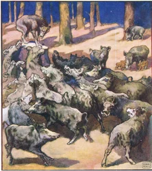 En el centro del tronco había un gran lobo gris (litografía en color)