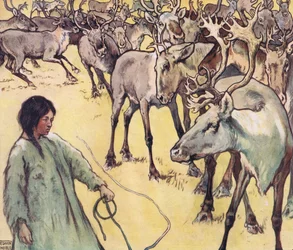 Manada de alces, ilustración de "Helpers Without Hands" de Gladys Davidson, publicada en 1919 (litografía en color)