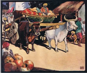 Bueyes tirando de un carro, ilustración de "Helpers Without Hands" de Gladys Davidson, publicada en 1919 (litografía en color)