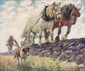 Arar el campo, ilustración de "Helpers Without Hands" de Gladys Davidson, publicada en 1919 (litografía en color)