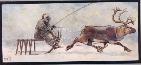 Reno y trineo, ilustración de "Helpers Without Hands" de Gladys Davidson, publicada en 1919 (litografía en color)