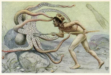 Era muy valiente y fuerte, y luchó con el gran pulpo de The Great Sea Horse, pub. 1909