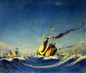 Un convoy de barcos cuyo casco está cubierto con patrones utilizados para el camuflaje durante la Primera Guerra Mundial.