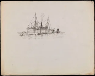 PAH1225; Barco de vapor cerca de una costa con remolcador al lado. Barco de pasajeros con remolcador y vapor de ruedas Tilbury cerca (dibujo).