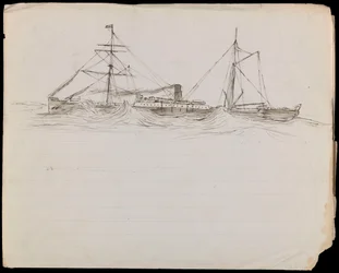 PAH1228; Bocetos de un acorazado y otros dos buques de la Royal Navy (dibujo)