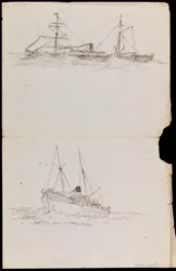 PAH1228; Bocetos de un acorazado y otros dos buques de la Royal Navy (dibujo)