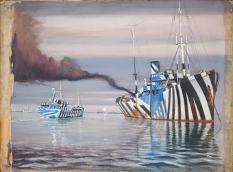 S.S. Lepanto y otro buque de vapor, ambos con pintura deslumbrante, anclados en aguas tranquilas.