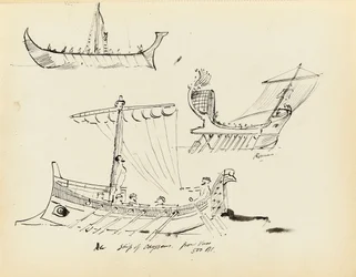 Bocetos de embarcaciones primitivas, incluida una nave romana de velas y remos y la nave de Odiseo, 500 a.C. (de un vaso), principios del siglo XX (bolígrafo, tinta negra)