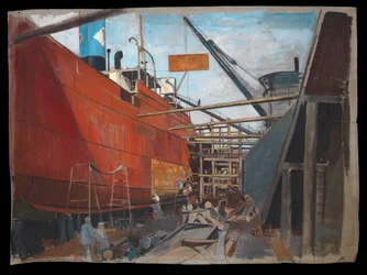 Barco de vapor en dique seco con obreros pintando su casco