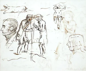 Una hoja de estudios con John Ruskin (1819-1900) y William Millais