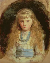 Retrato de Beatrice Caird con un vestido blanco y una faja azul