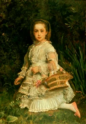 Retrato de Gracia, de cuerpo entero, con un vestido blanco, recogiendo flores silvestres